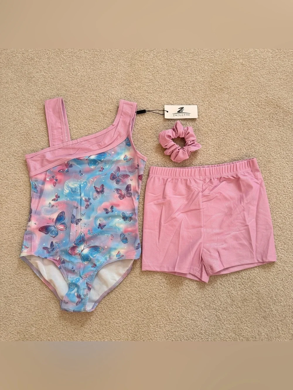 Girls' NEW Pink Butterfly Leotard / Unitard Set w Shorts & Scrunchie NWT age 6-7